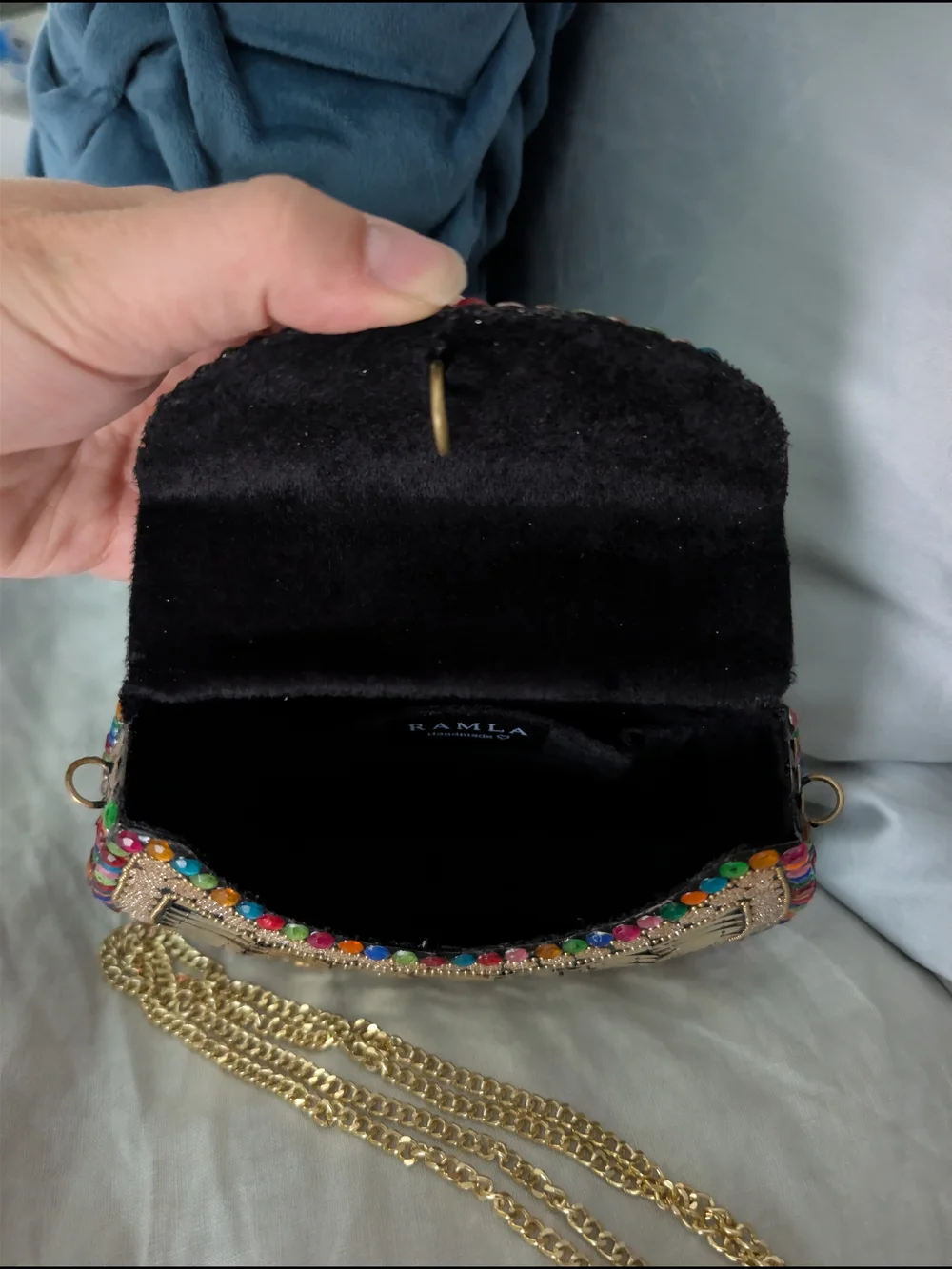 NWT RAMLA Handmade Embellished Metallic Gold Multi Gem Clutch Crossbody